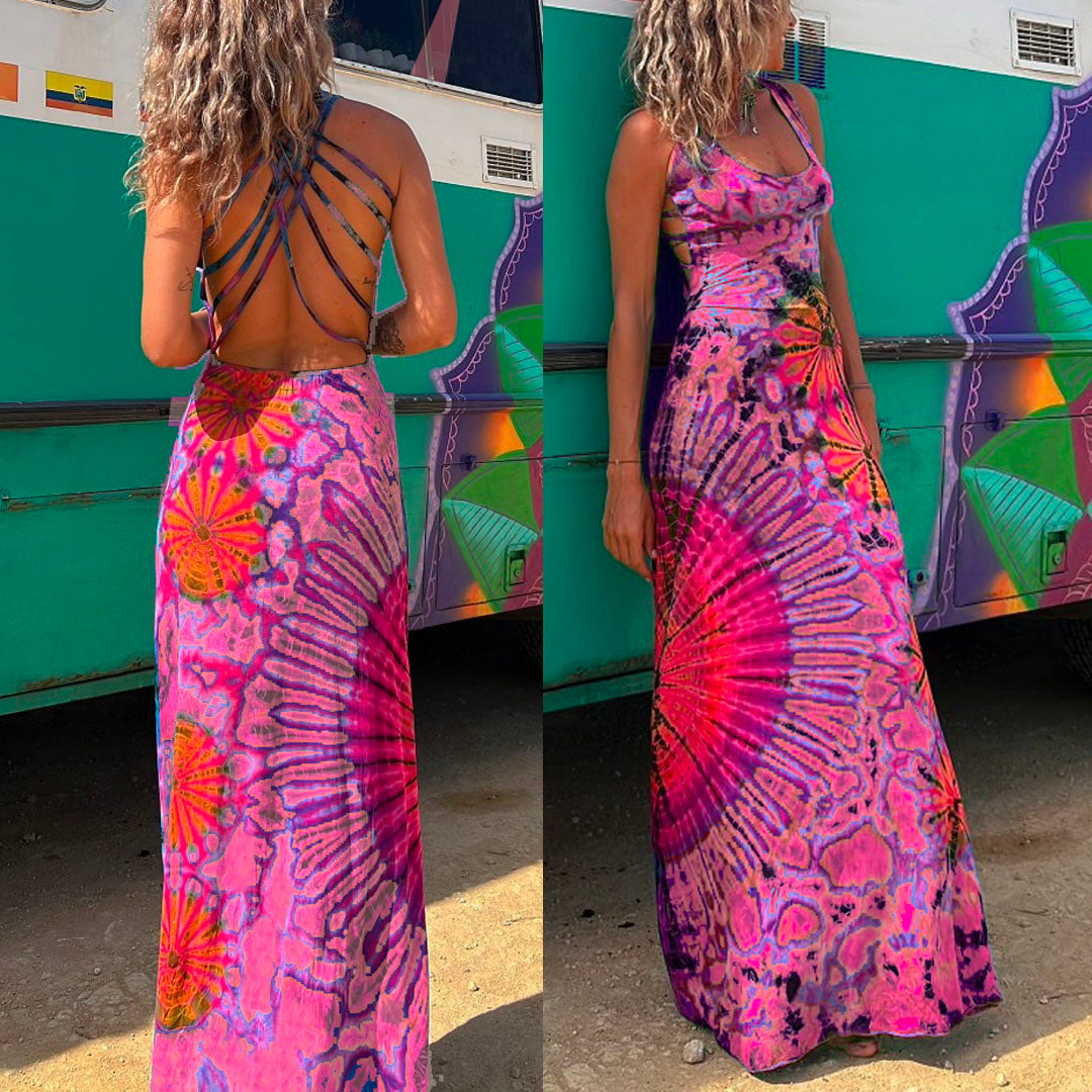 Strappy Backless Tie Dye Maxi Dress Pink
