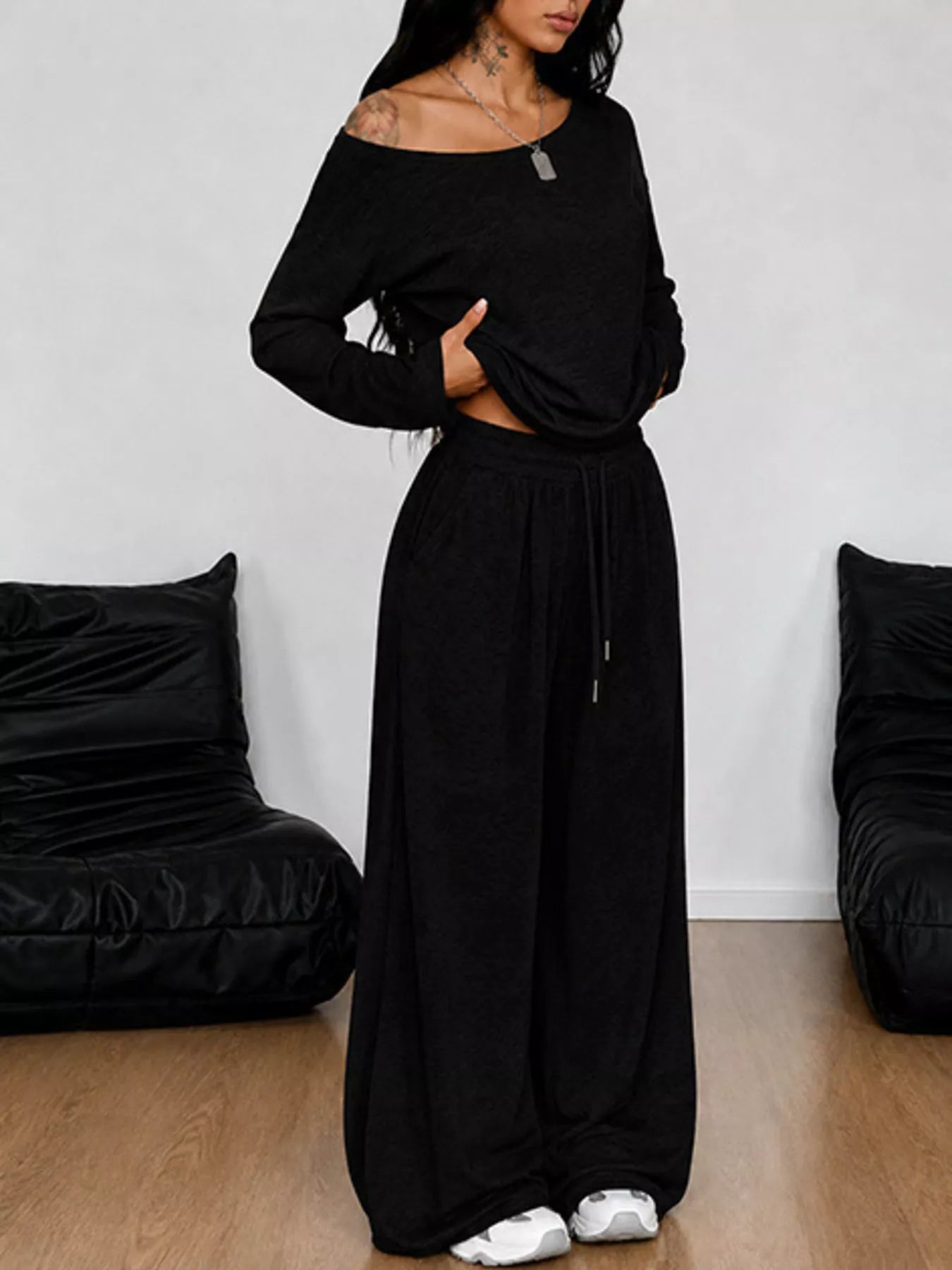Boat Neck Long Sleeve Top and Wide-Leg Pants Set