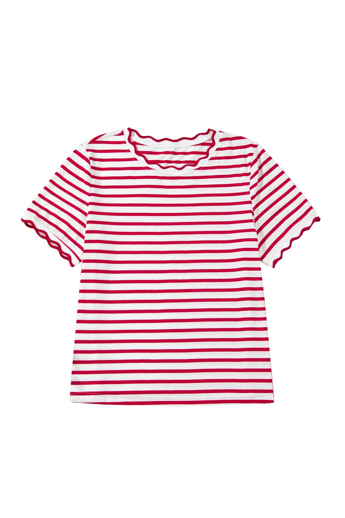 Red Stripe Scalloped Trim Round Neck T Shirt