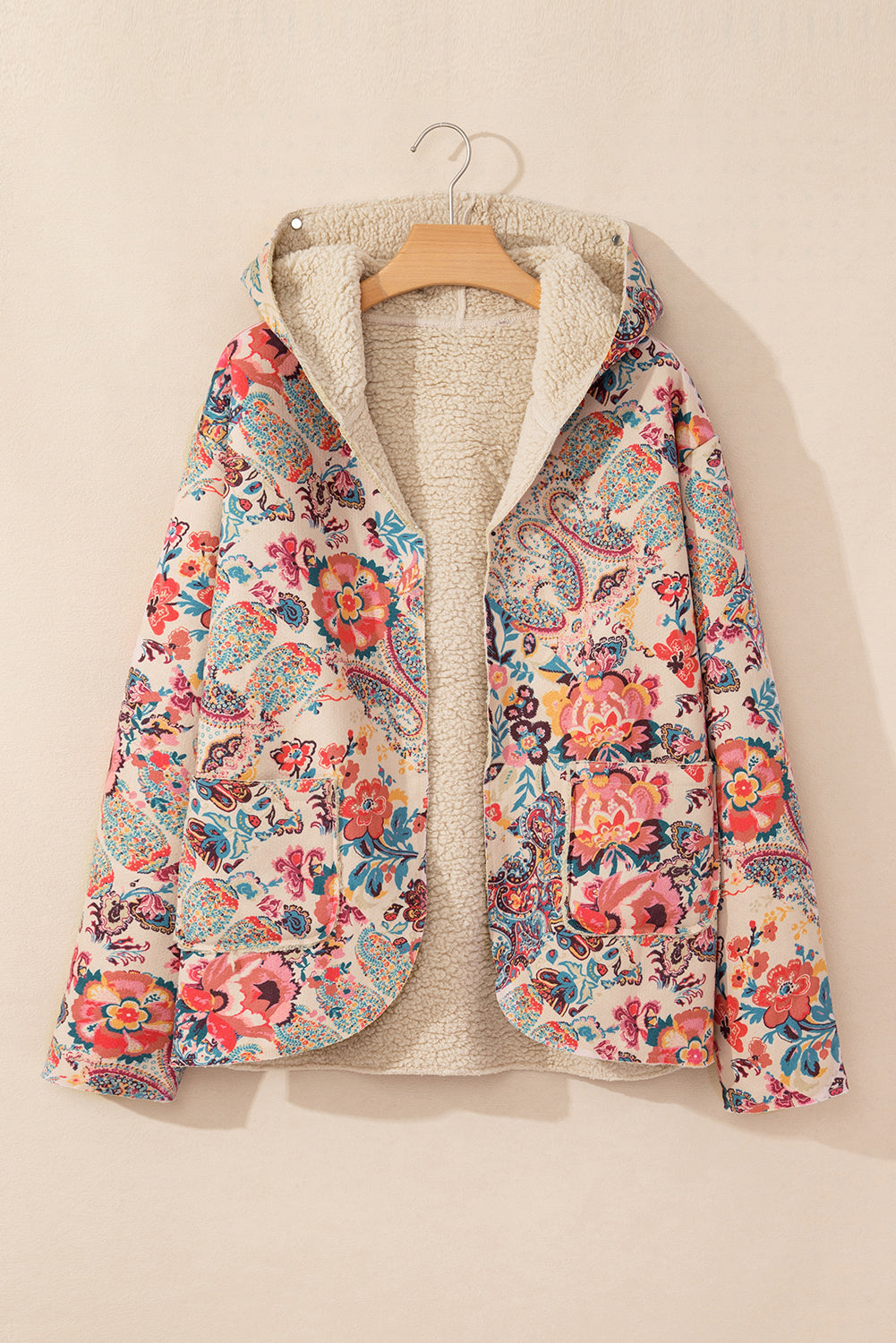 Blue Zone Planet | Beige Vintage Paisley Floral Printed Sherpa Lined Hooded Jacket