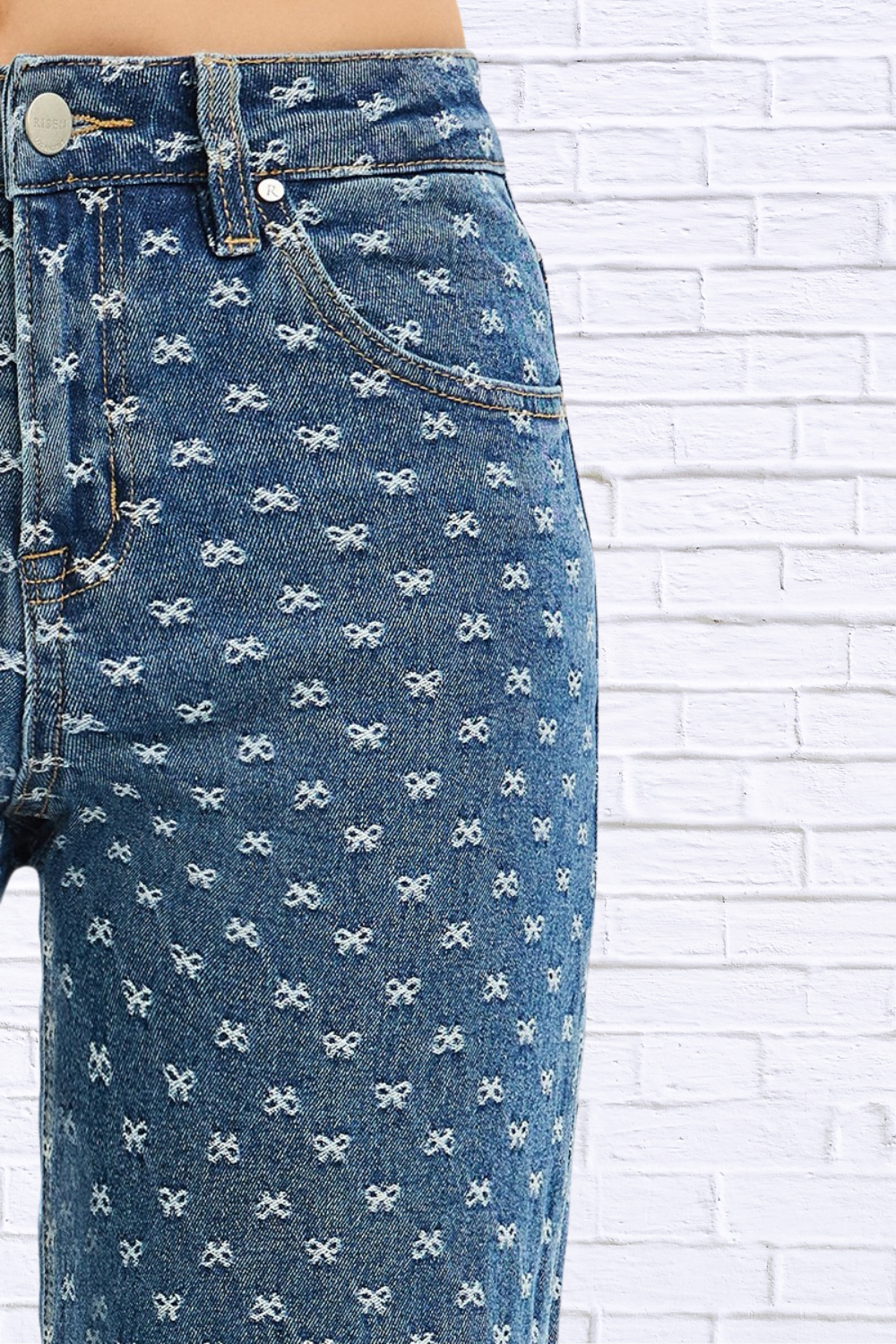 RISEN High Rise Wide Leg Bow Embroidered Jeans
