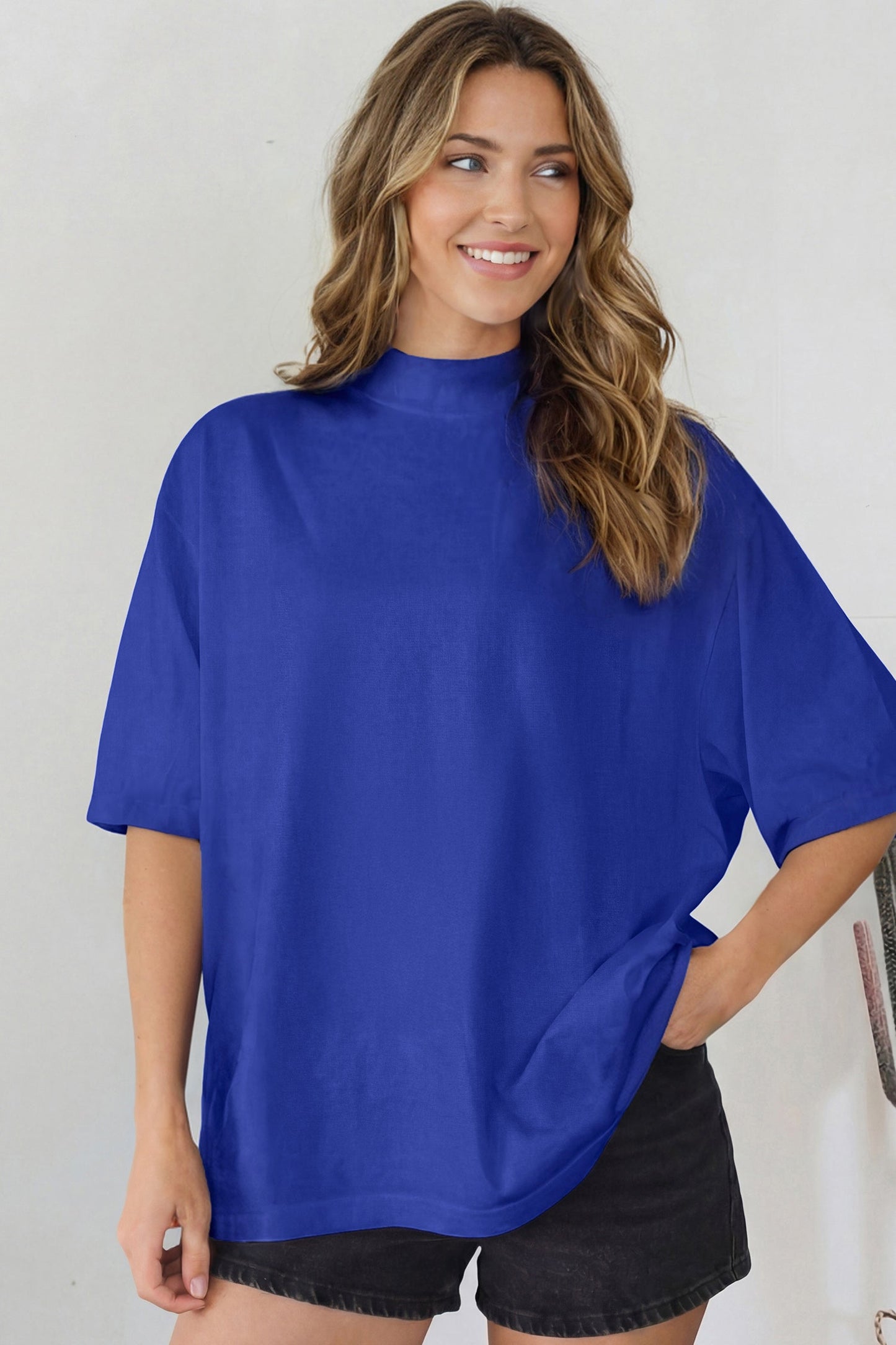 Pink Solid Color High Neck Oversize Tee