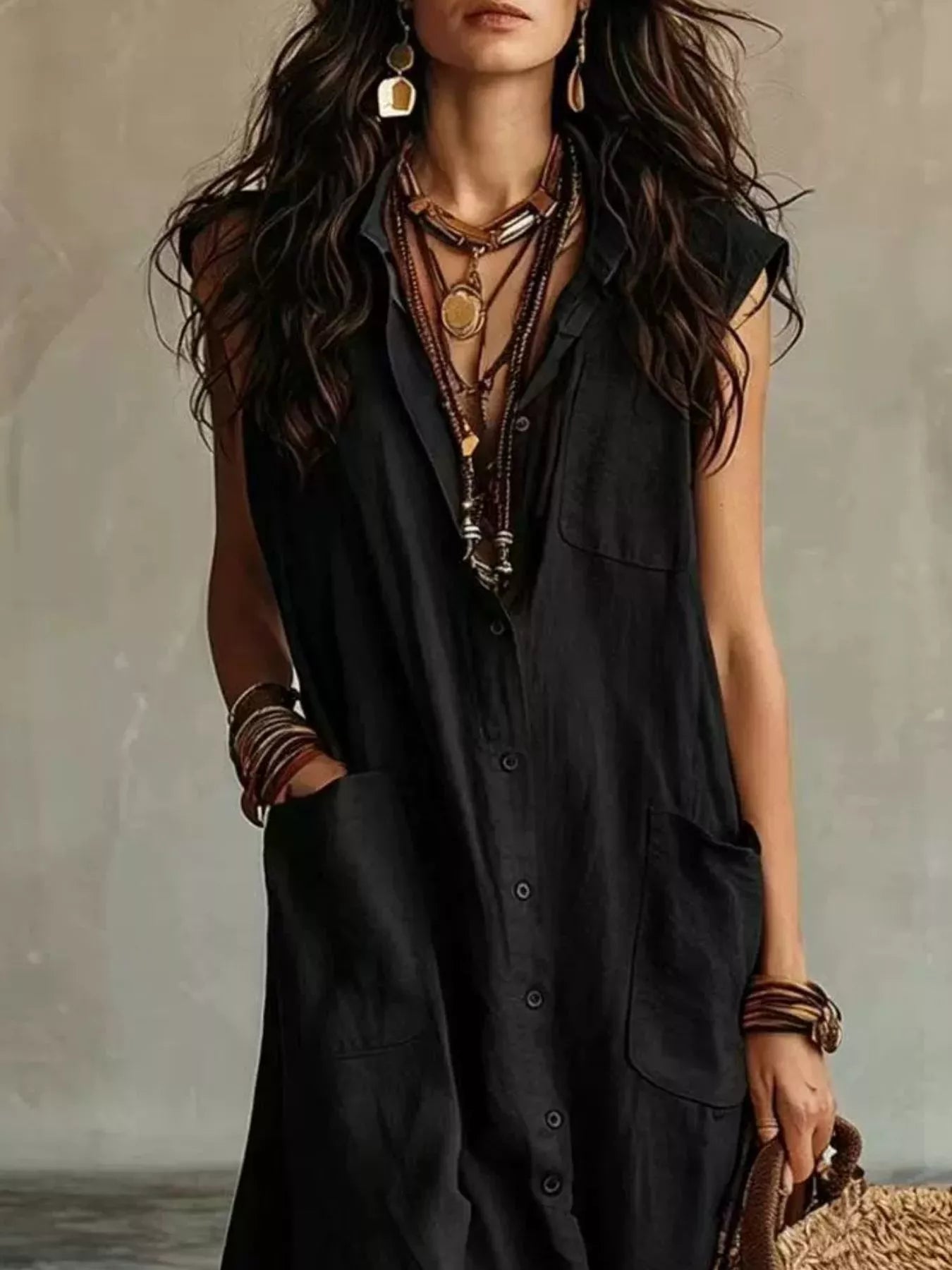 Sleeveless Button-Down Linen Maxi Dress