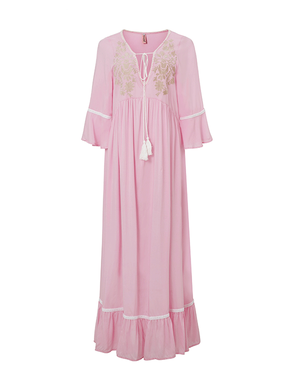 Bohemian Embroidered Solid Color Slit Tunic Dress