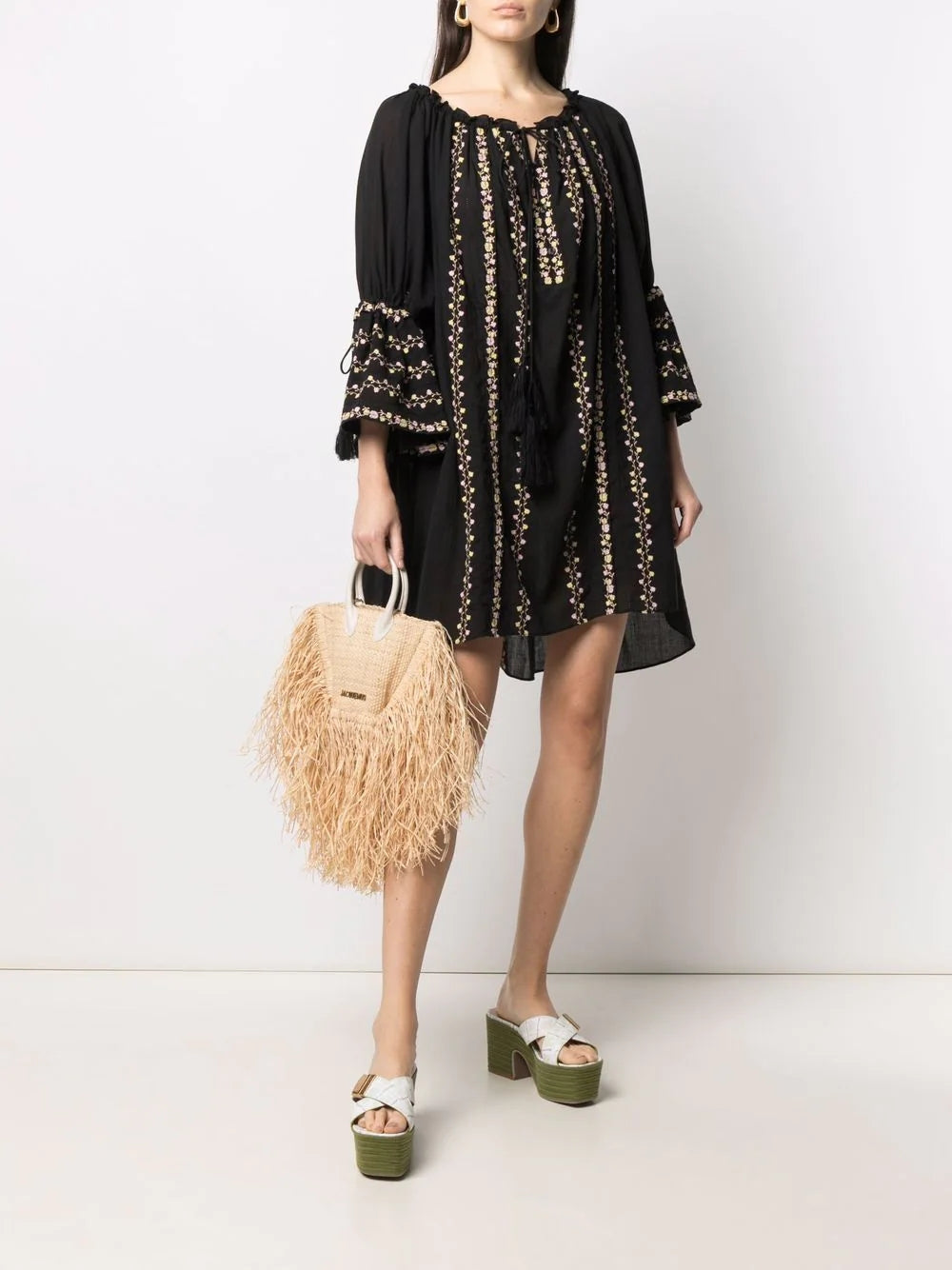 Floral Embroidered Black Cotton Tunic
