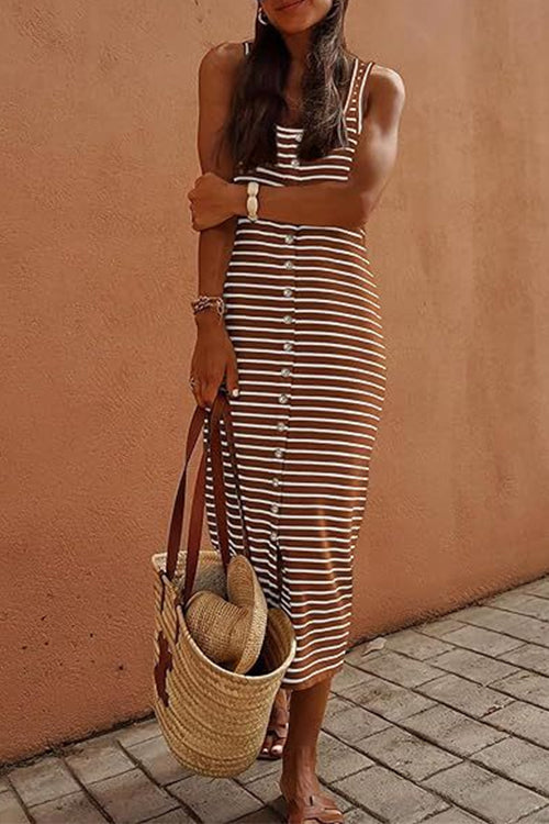 U Neck Button Down Striped Midi Tank Dress Caramel