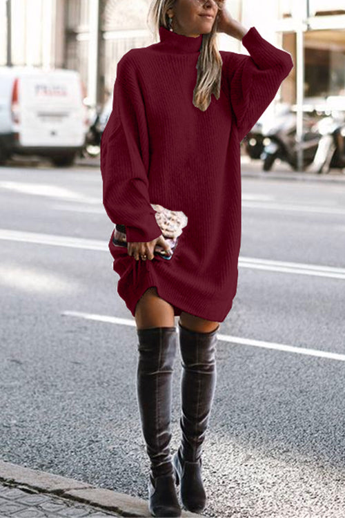 Turtleneck Ribbed Knit Oversized Sweater Dress Burgundy