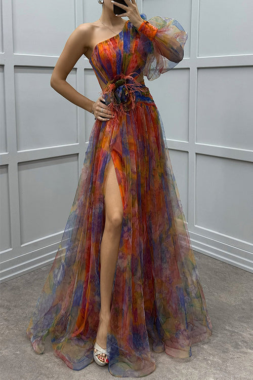 One Shoulder Waisted High Slit Mesh Overlay Printed Maxi Dress Orange