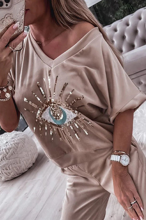 Sequin Pattern V Neck Short Sleeve Top with Pocketed Pants Casual Set
