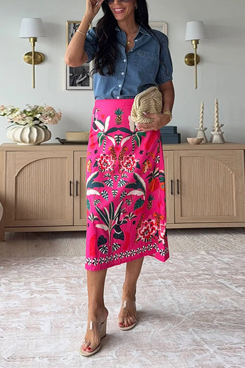 High Rise Tropic Print Midi Skirt