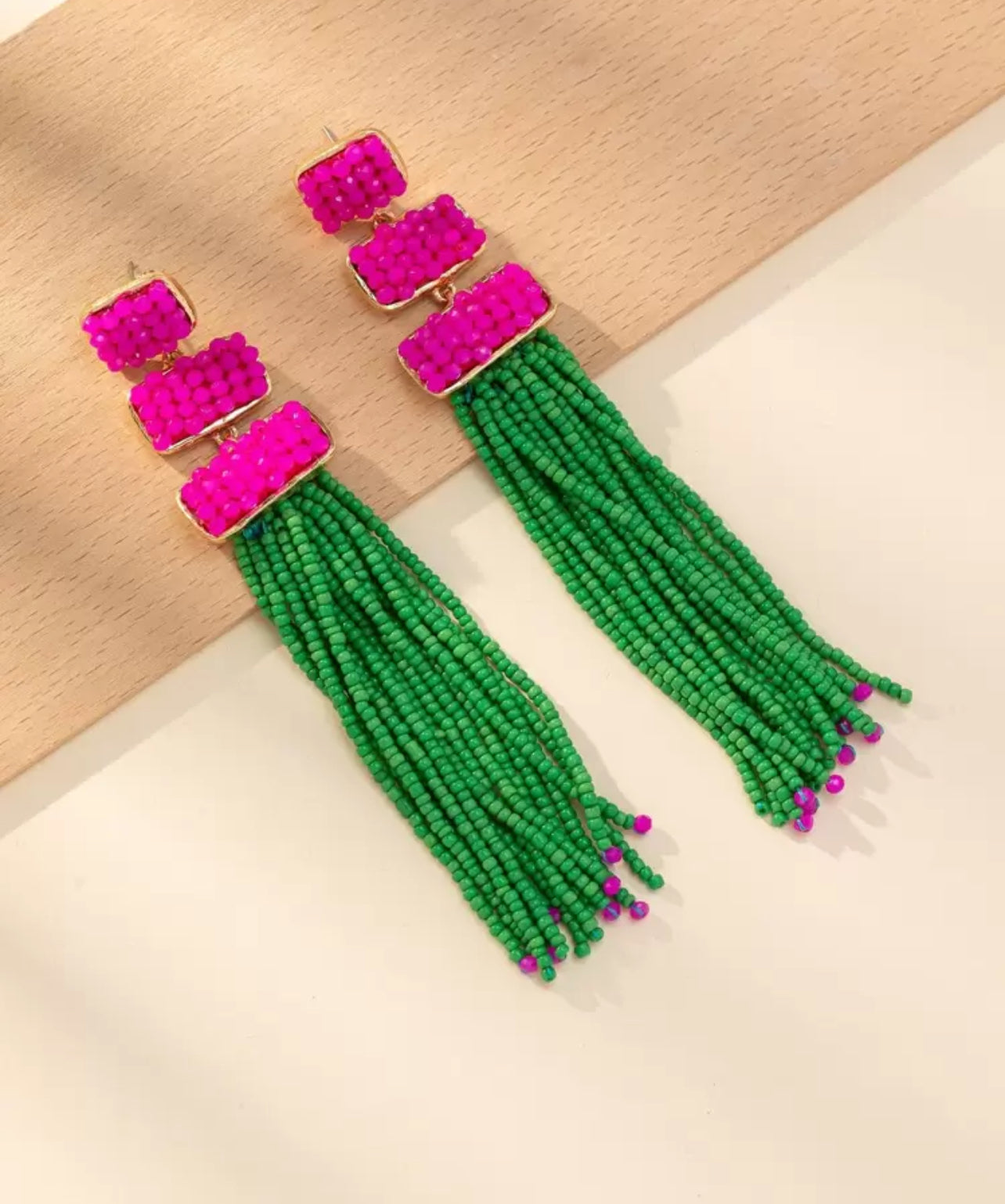 Bold Beaded Fringe Statement Earrings – Fuchsia & Emerald