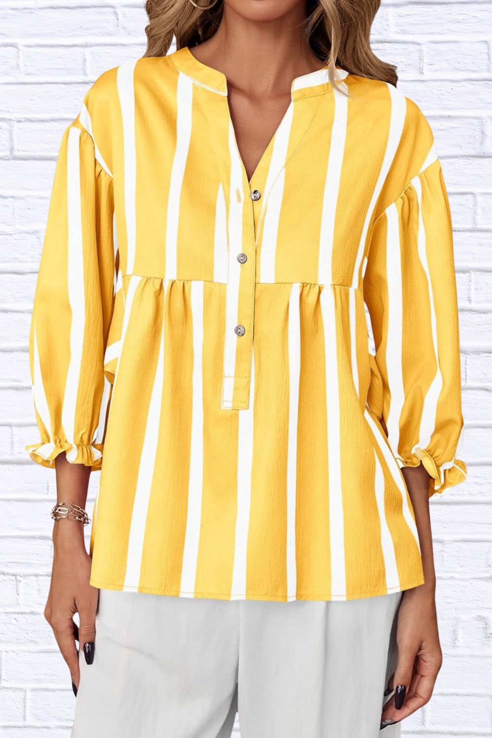 Striped Button Front Notched Blouse