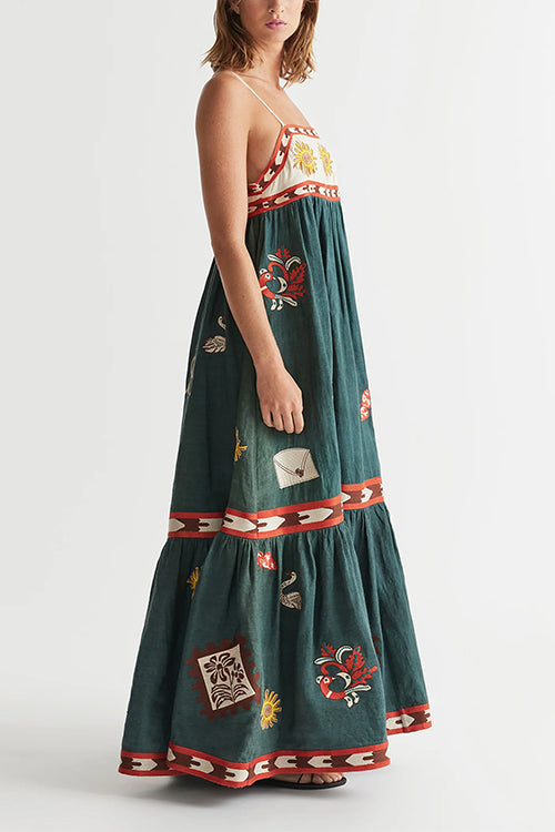 Spaghetti Strap Backless Printed Swing Maxi Sun Dress