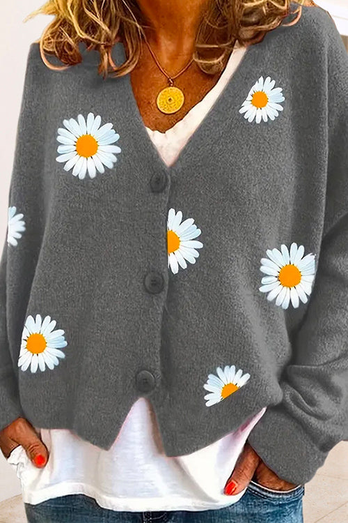 V Neck Button Up Daisy Embroidery Sweater Cardigan Gray
