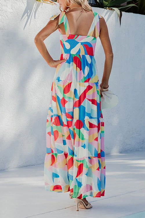 Bow Shoulder Ruffle Tiered Printed Flowy Maxi Cami Dress