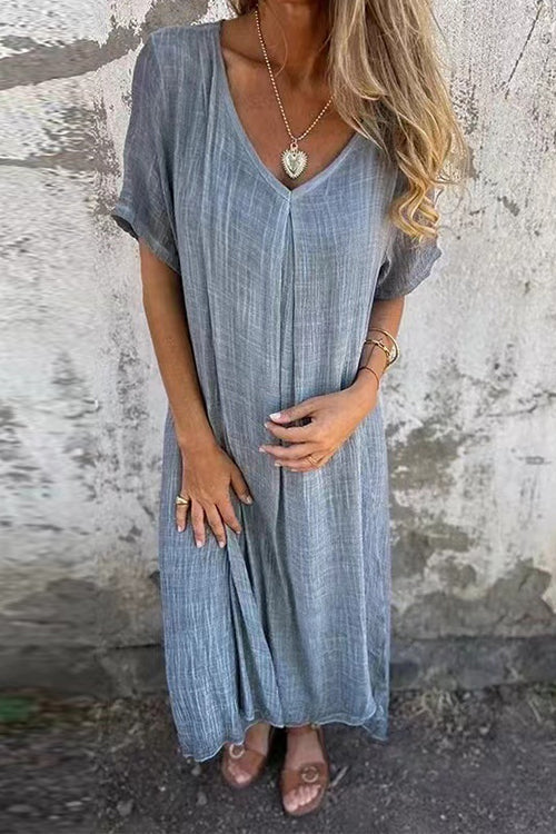 V Neck Loose Fit Cotton Linen Midi Dress Gray