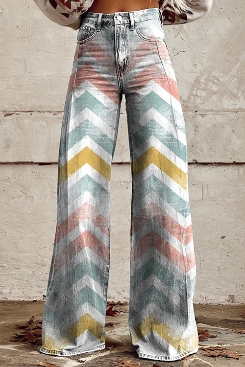 High Rise Color Block Printed Wide Leg Pants White