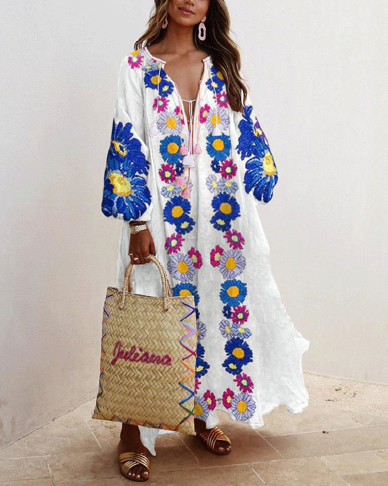 Deep V Neck Puff Sleeves Tassel Floral Maxi Swing Dress Blue