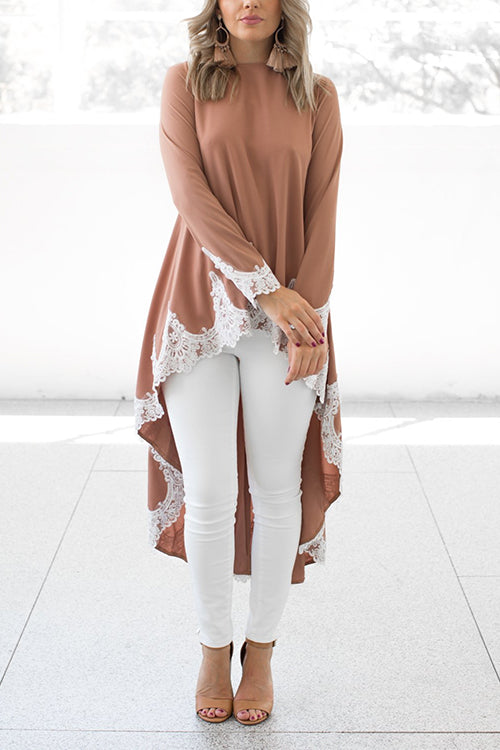 Long Sleeves High Low Hem Lace Trim Blouse Top