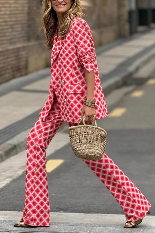 Geometric Print Lapel Double Breasted Blazer and Flare Pants Set