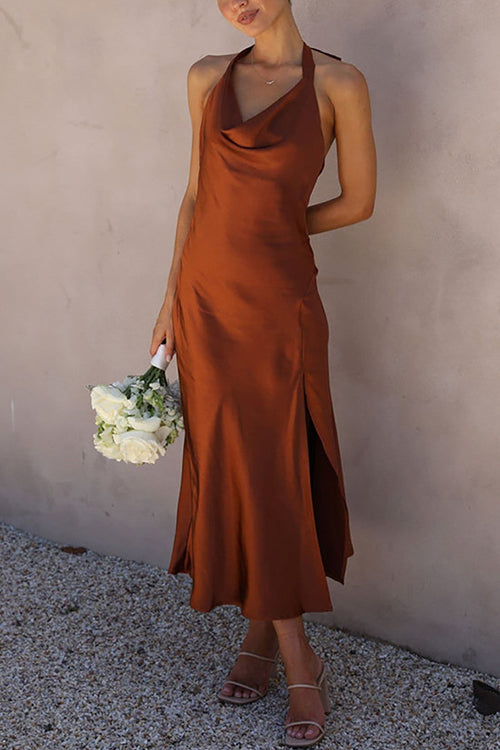 Sleeveless Cowl Neck Open Back Side Slit Midi Dress Coffee