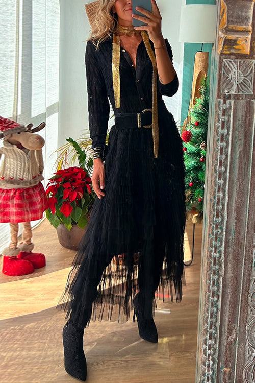 Tulle Layered Ruffle Mesh Maxi Skirt Black