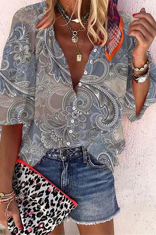 Floral Print Long Sleeves Button Front Shirt Gray