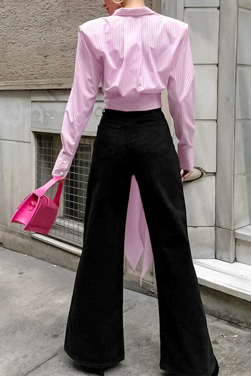 Long Sleeves Tie Waist Striped Blouse Shirt