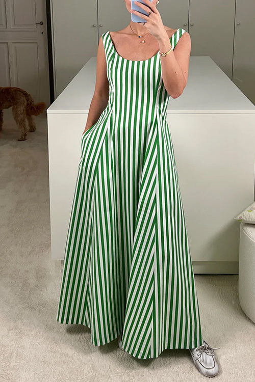 Scoop Neck Sleeveless Pocketed Striped Maxi Swing Dress Green