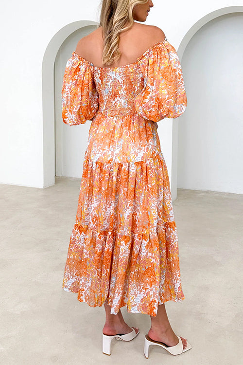 Off Shoulder Puff Sleeves Tiered Printed Midi Holiday Dress