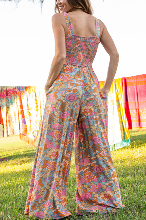 Wide Straps Smocked Wide Leg Floral Jumpsuit