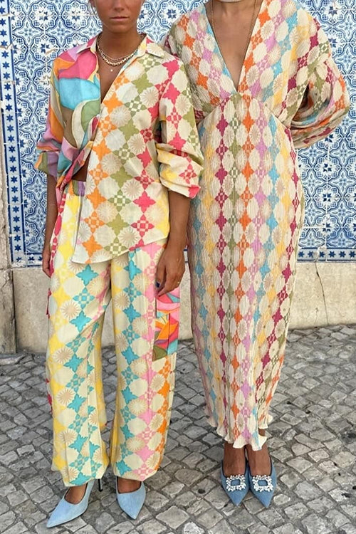 Contrast Print Long Sleeves Blouse Shirt and Pocketed Cargo Pants Set
