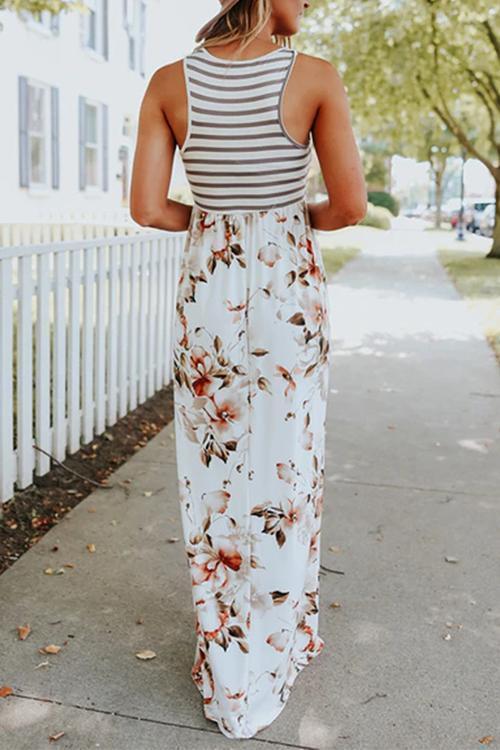 Sleeveless Stripes Splice Floral Maxi Dress