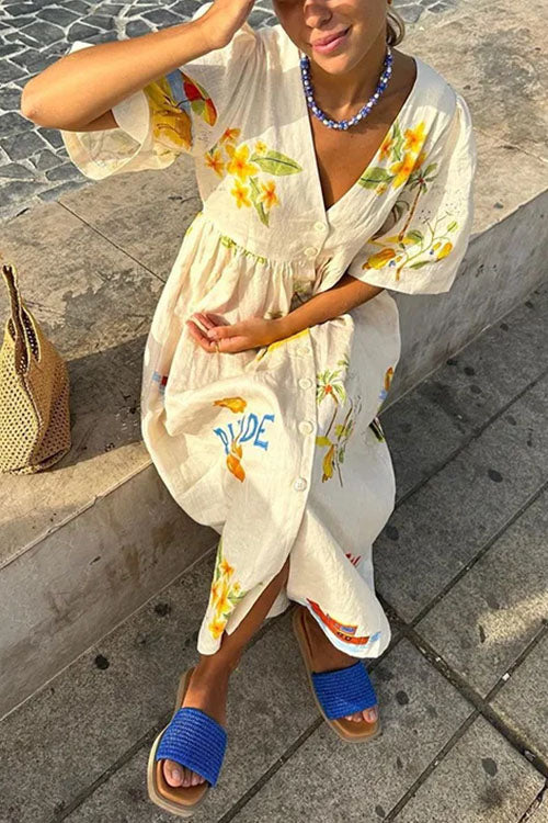 V Neck Button Down Tropic Print Sun-kissed Maxi Holiday Dress