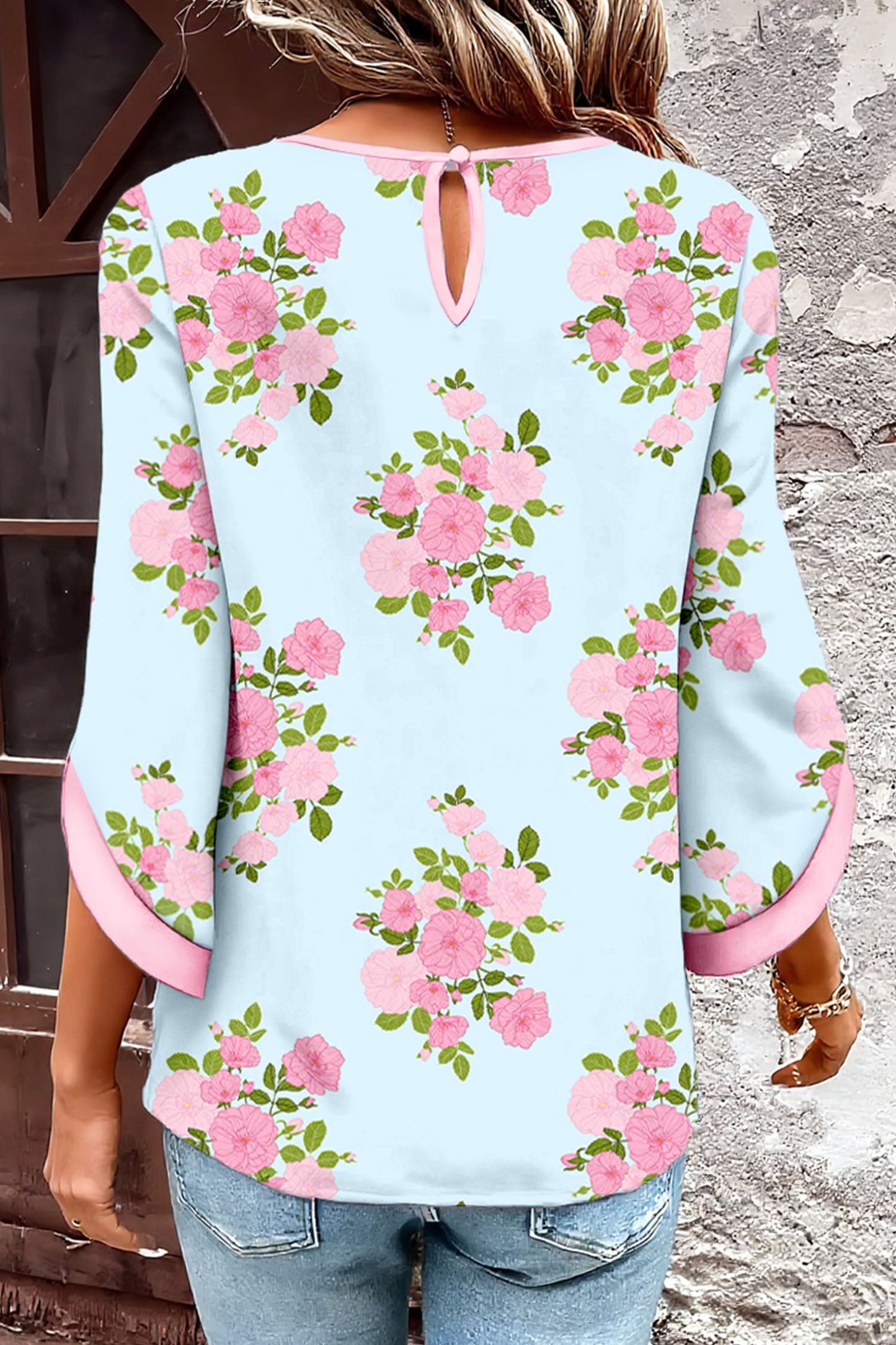Sky Blue Floral Print Button Cuffed 3/4 Sleeve Round Neck Blouse