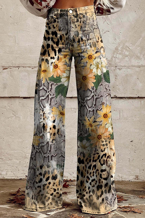 Leopard Floral Print Wide Leg Pocketed Pants Gray
