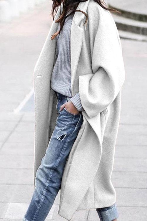 Solid Long Sleeve Oversized Winter Long Coat White