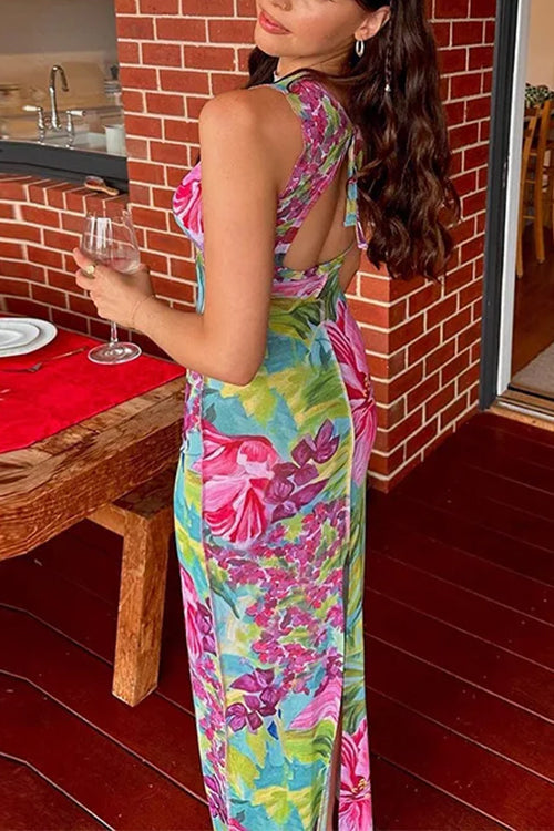 Sleeveless Back Cut Out Slit Tropical Floral Print Maxi Dress