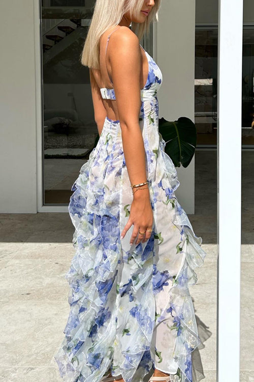 Robe longue à imprimé floral, dos nu, avec découpes et volants
