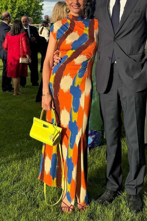 Mockneck Cap Sleeves Printed Slit Maxi Dress