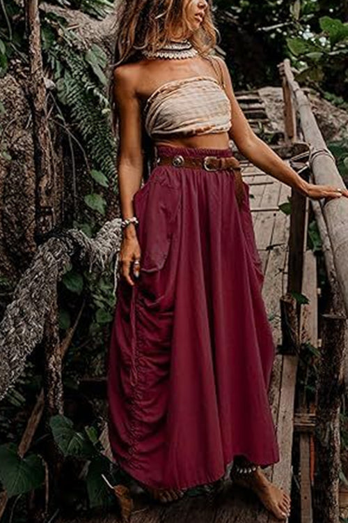 Side Drawstring Ruched Cotton Linen Baggy Maxi Skirt Red