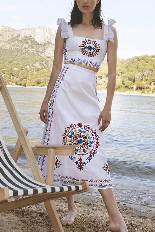 Unique Print Ruffle Cami Crop Top Side Slit Midi Skirt Set