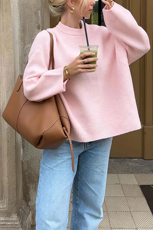 Crewneck Drop Shoulder Oversized Ribbed Knit Sweater