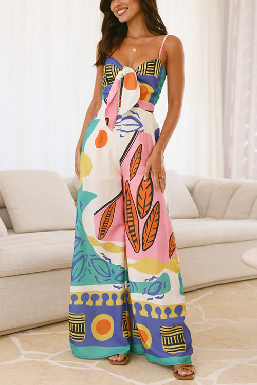 Knot Front Cut Out Pocketed Wide Leg Printed Cami Jumpsuit