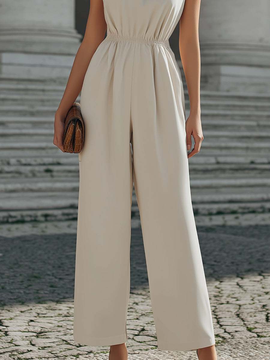 High-Neck Gathered Waist Wide-Leg Jumpsuit