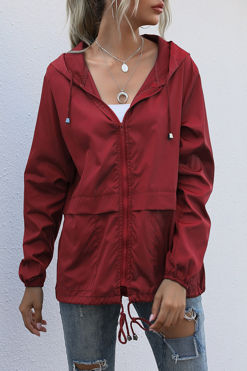 Casual Solid Zipper Hooded Collar Outerwear