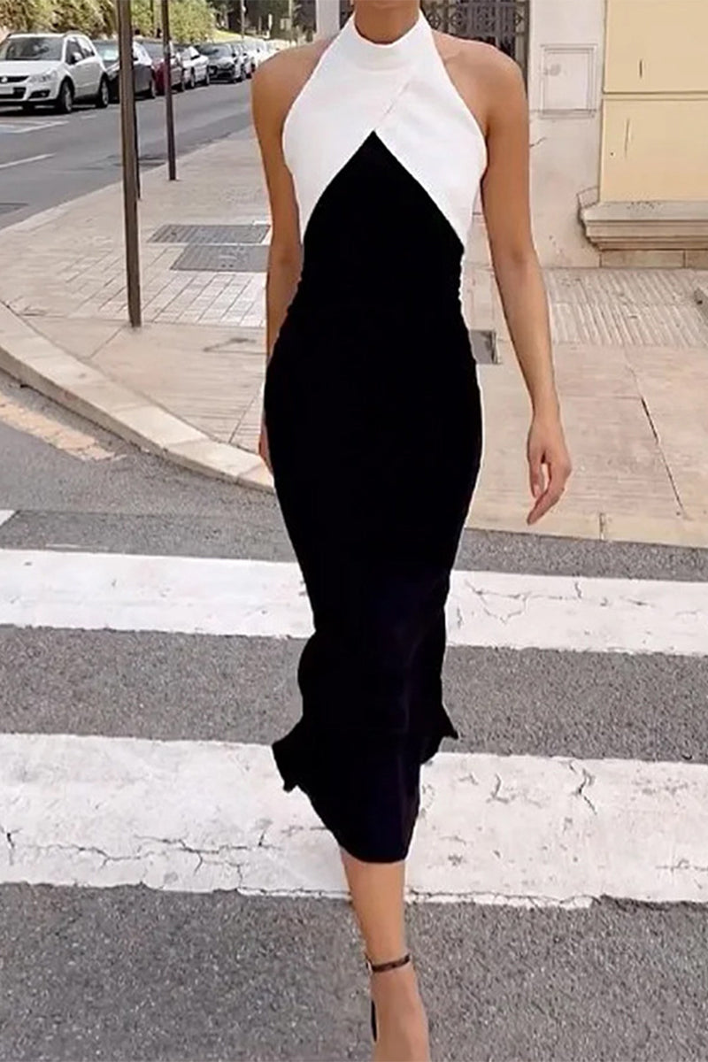 Elegant Solid Contrast Halter Sleeveless Dress Dresses Black White