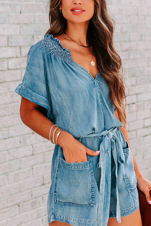 V Neck Short Sleeves Tie Waist Pockets Denim Romper
