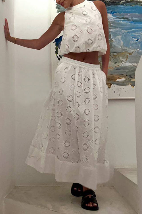 Elastic Waist Lace Hollow Out Pocketed Maxi Skirt