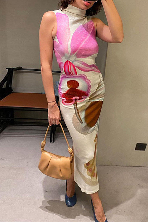 Mockneck Sleeveless Back Slit Floral Print Maxi Dress